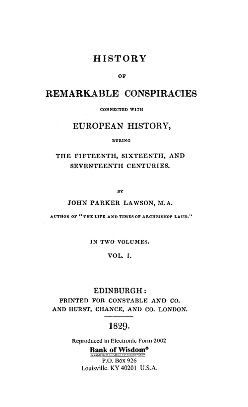 (image for) History of Remarkable Conspiracies, Vol 1 of 2 Vols.